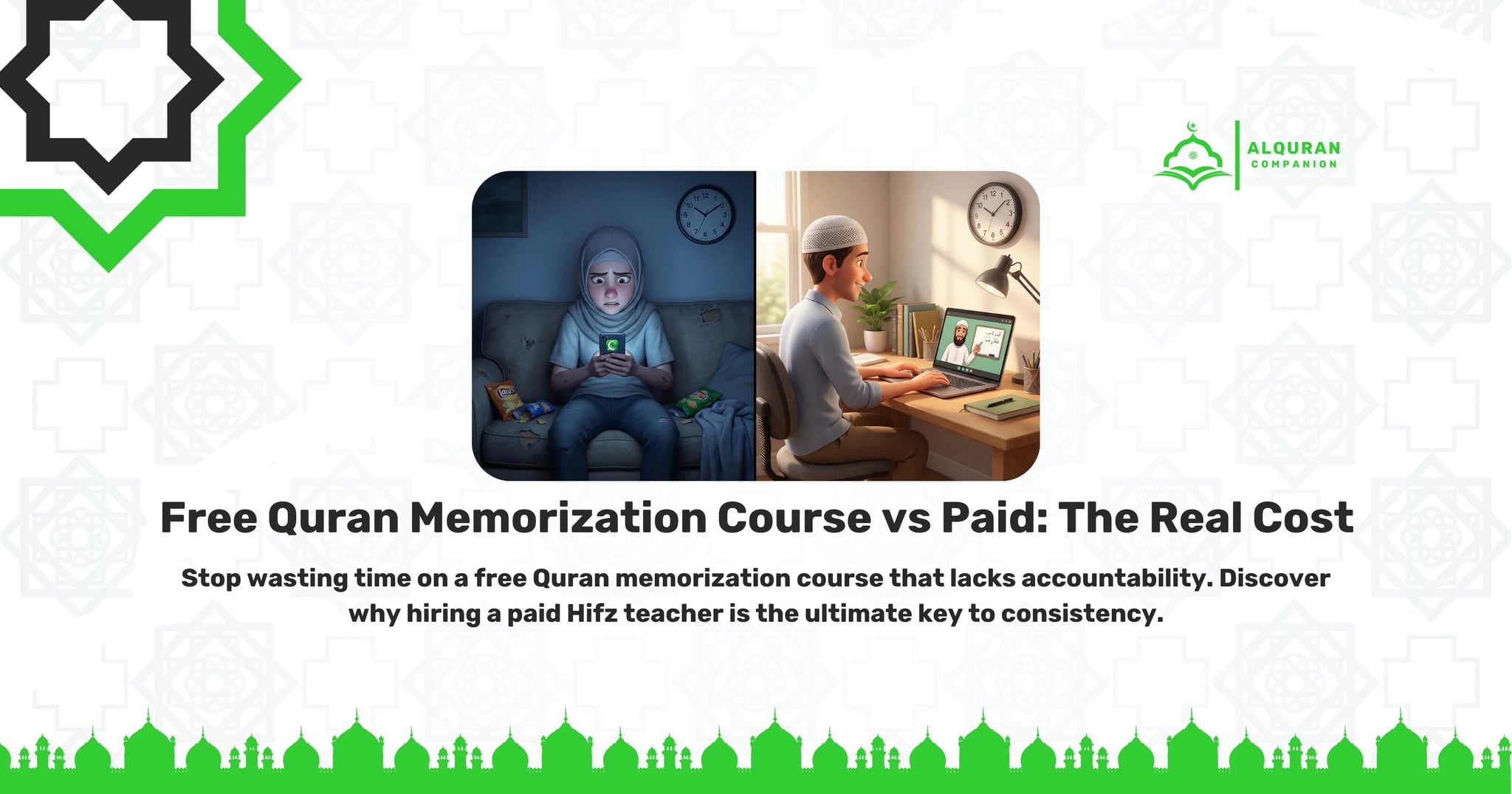 A split-screen illustration comparing free and paid Quran memorization methods. The left side shows a frustrated, tired student sitting alone in the dark, struggling to stay motivated while looking at a free phone app. The right side features a focused, motivated student sitting at a bright desk, actively reciting and receiving real-time Tajweed correction from a live professional teacher on a laptop screen. The banner features the Al Quran Companion logo and text that reads: "Free Quran Memorization Course vs Paid: The Real Cost. Stop wasting time on a free Quran memorization course that lacks accountability. Discover why hiring a paid Hifz teacher is the ultimate key to consistency.