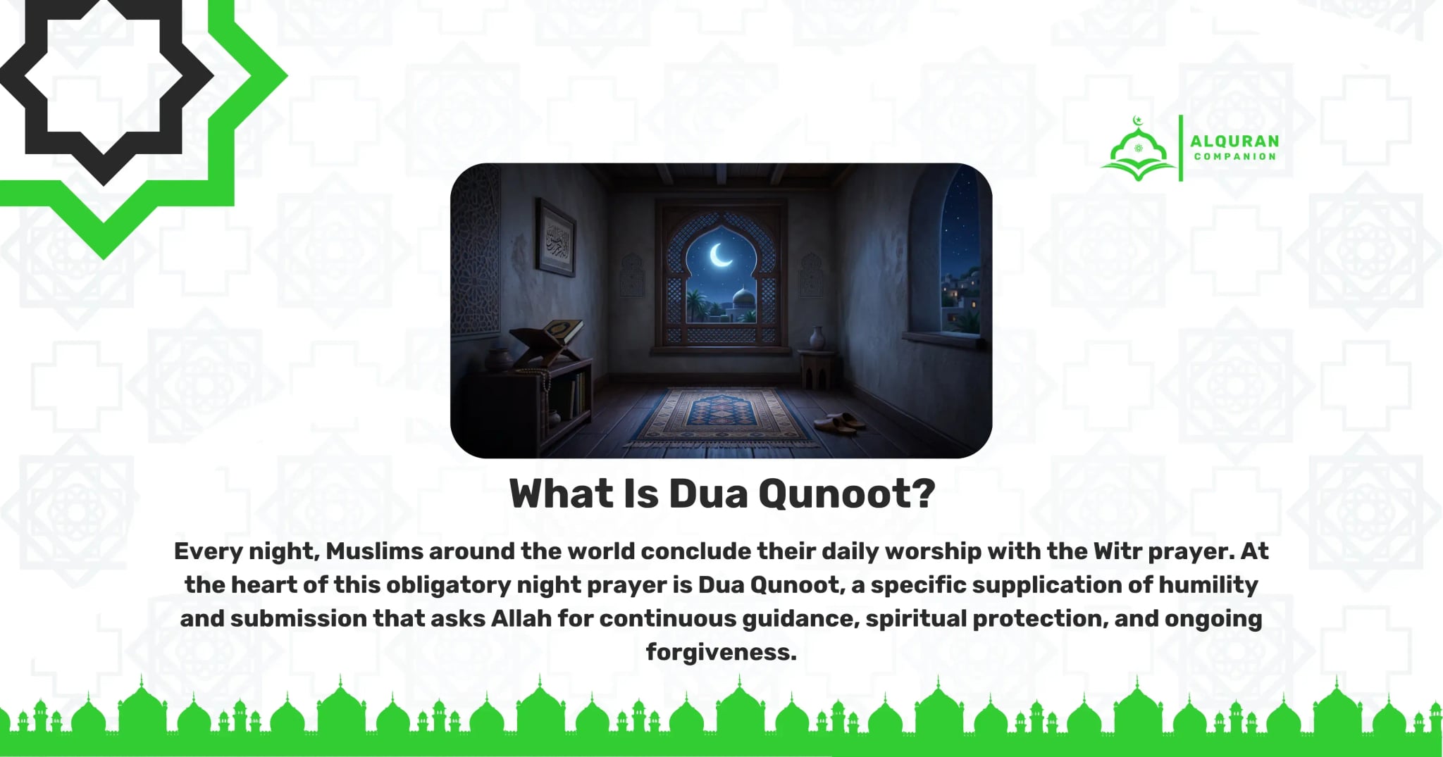 A tranquil, dimly lit room at night featuring a prayer rug laid out before an arched window that reveals a glowing crescent moon and starry sky. An open Quran rests on a wooden stand (rehal) to the left, alongside a pair of sandals placed neatly by the rug. This peaceful nighttime setting illustrates how Muslims around the world conclude their daily worship with the Witr prayer. During the standing posture of this prayer, believers recite Dua Qunoot, a powerful supplication of surrender that connects your heart directly to Allah before you sleep. The banner features the Al Quran Companion logo.
